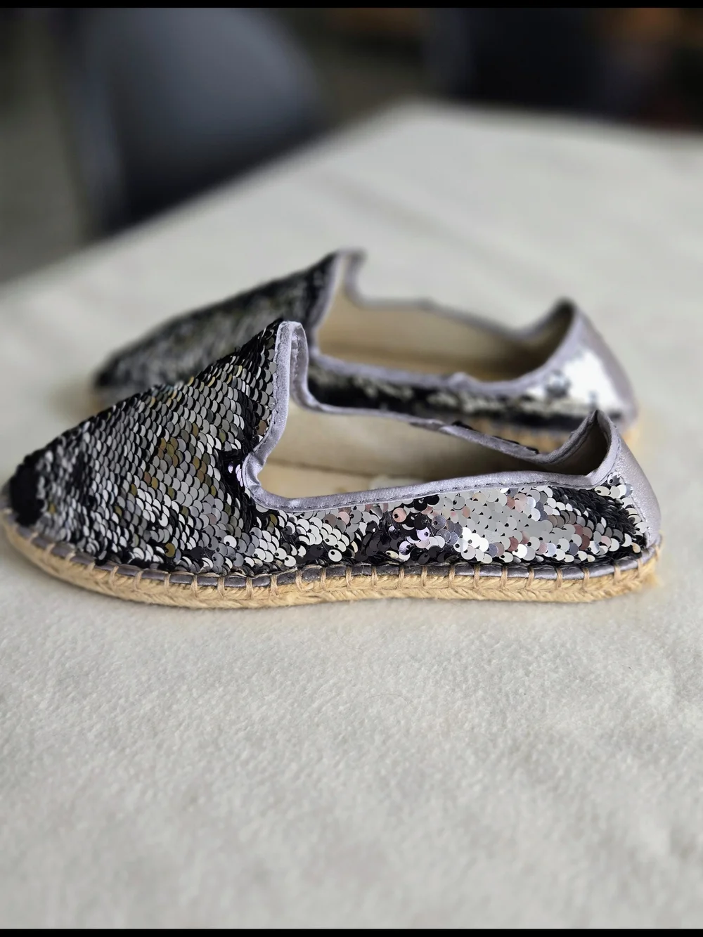 Esmara Reversible Sequin Espadrille-Style Flats – Silver/Black – Size 38 (US 7)